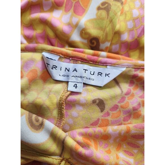 Trina Turk Silk Halter Wrap Mini Dress Psychedelic Yellow Orange Print Size 4 - Picture 4 of 5